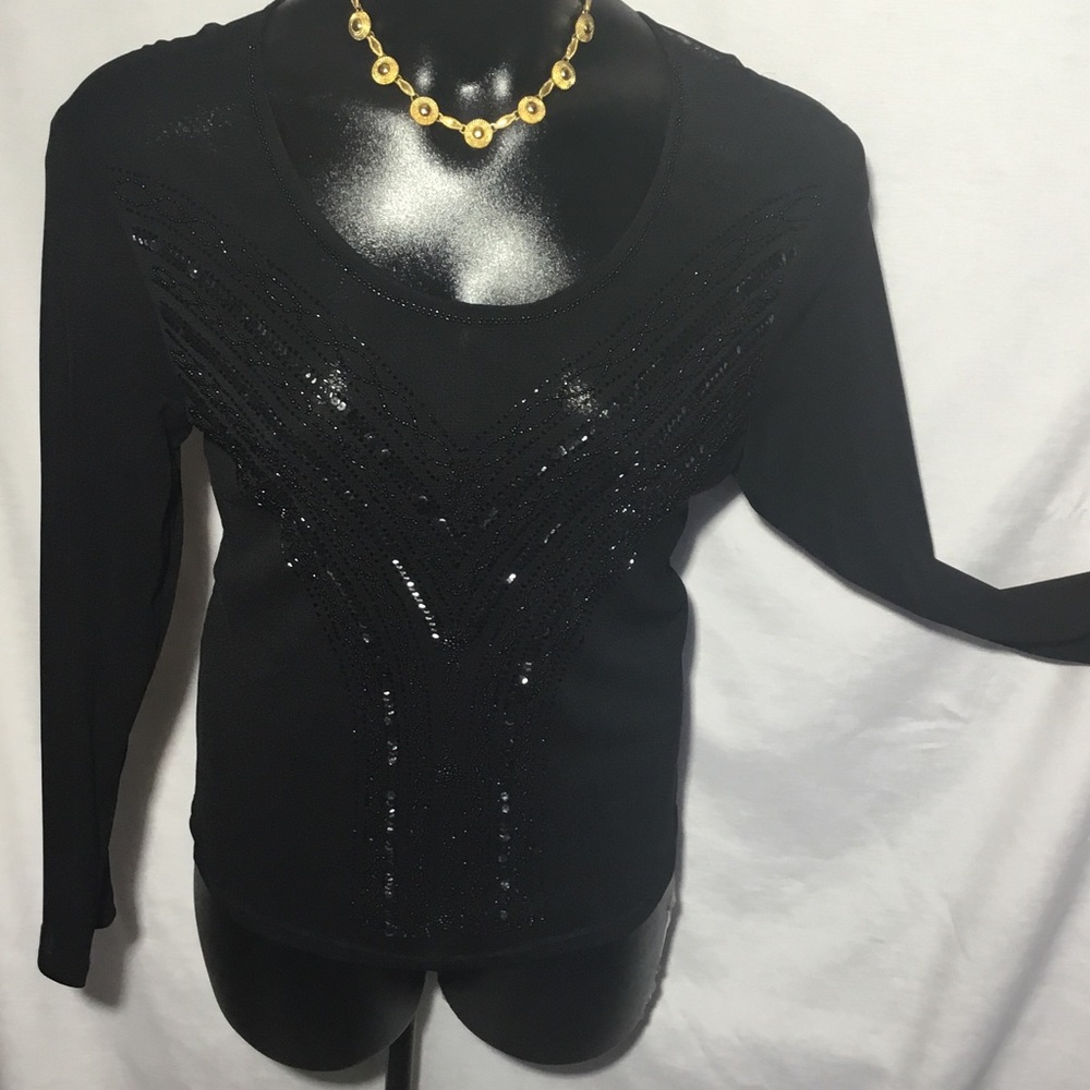 Ashley Stewart Black Long Sleeve Sequin Front Accent Top